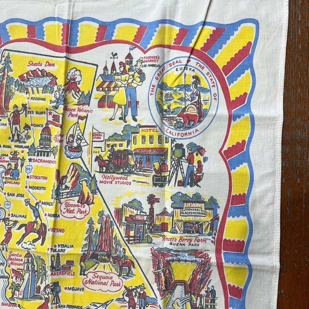 Vintage California Souvenir Map tablecloth red and Yellow Cotton 36” x 31”
